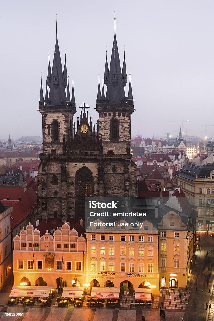 Stare Mesto Square in Prague with Tyn Church. Prague, Czech Republic - October 21, 2012. Stare Mesto Square is the main touristic place of Prague. In the square is one of the Prague symbols, the gothic Church of Our Lady of Tyn. Architecture Stock Photo