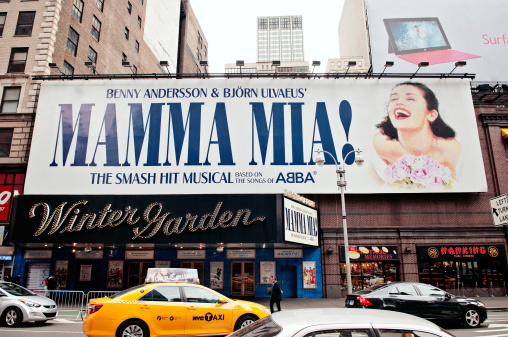 New York, New York, USA - November 25, 2012: Entrance to the theater to Mamma Mia! on Broadway in New York City, Time Square. Showing people and traffic on the streets of New York.