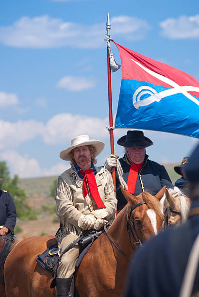 Crow Agency, Montana USA: June 26, 2009 Members of the U.S. Cavalry School reenact the Battle of the Little Bighorn, also know as Custer's Last Stand on the site of the famous 1876 massacre of the U.S. Armyaas 7th Cavalry by Lakota, Northern Cheyenne and Arapahoe Indian tribes. The reenactment is put on by the Real Bird family and U.S. Cavalry School. Historian Steve Alexander plays the role of Gen. George Armstrong Custer.