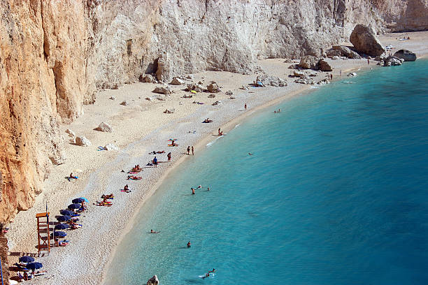 Tourists enjoying Porto Katsiki Beach-Lefkada Island (Greece) stock photo