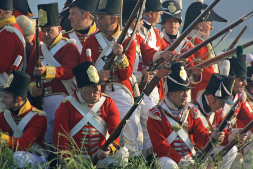 Waterloo, Belgium - June 18,2011: Soldiers in a defending position at the historical battel of Waterloo in Belgium.