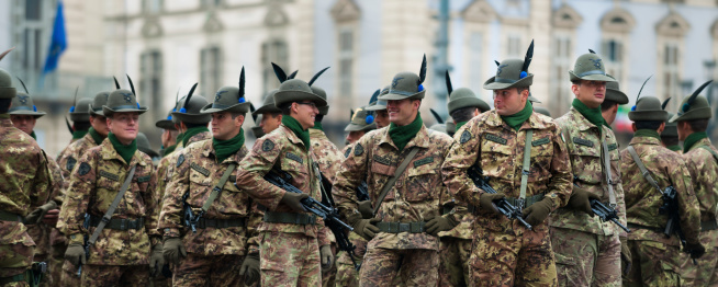 Turin, Italy - May 6, 2011: Soldiers of the Department of alpine waiting for the parade in the center of Turin during  the 84th Italian Alpine Army national meeting for 150th anniversary of the unity of Italy celebrated in Turin.