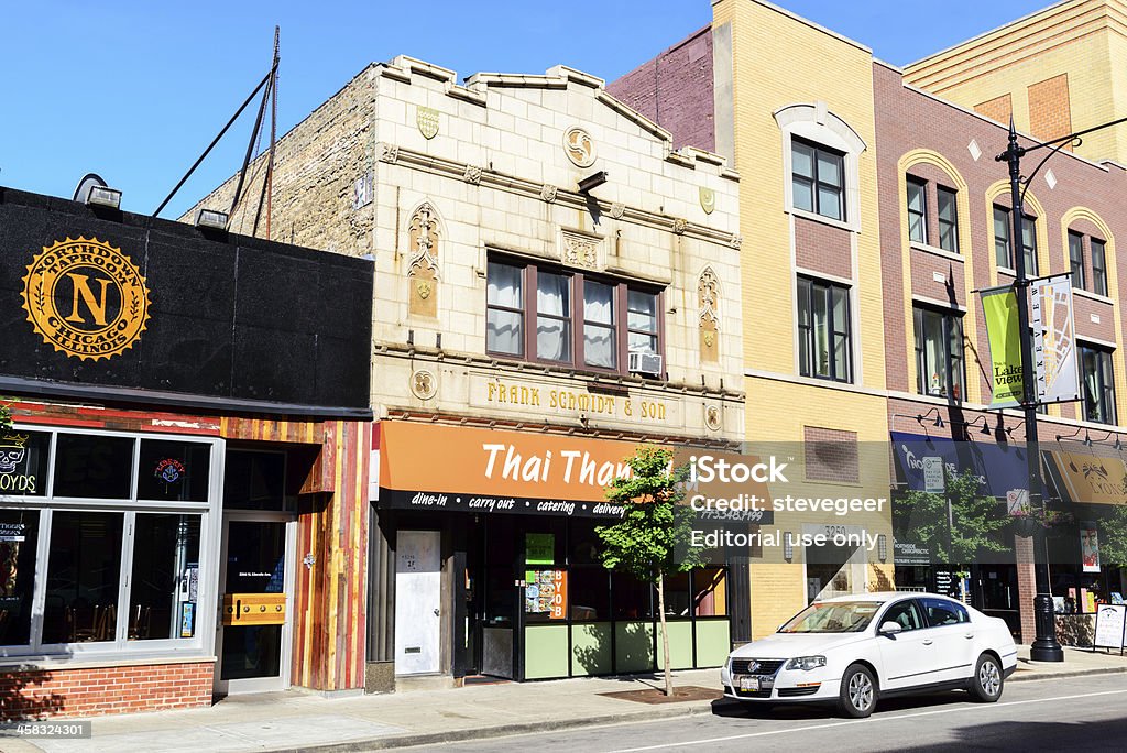 Frank Schmidt and Son Building in Lakeview, Chicago Chicago, USA - July 13, 2013:  Frank Schmidt and Son Building in Lakeview, a Chicago community on the North Side. Edwardian commercial building on North Lincoln Avenue. Now a Thai restaurant. No people. 20th Century Style Stock Photo