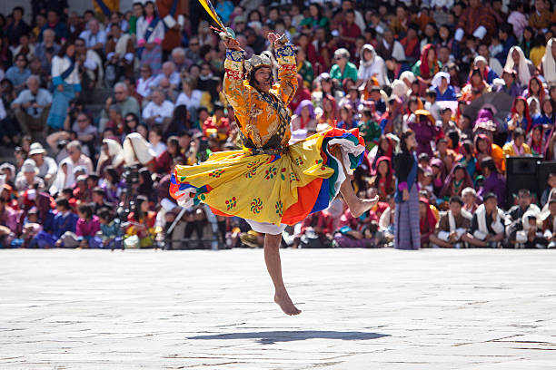 Traditional dance at festival in the Timphu Dzong stock photo