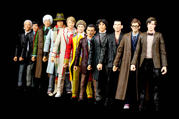 Vancouver, Canada - May 21, 2013: Toys of the eleven doctors from Docotr Who against a black background.  Doctor Who is created by the BBC.