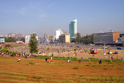 Addis Ababa, Ethiopia - October 1, 2011 : Mostly young people are playing football and runing at Meskel Square in the morning.