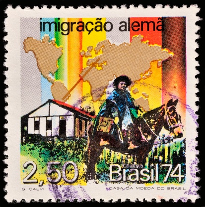 Stockholm, Sweden - February 11, 2013: A stamp printed in Brazil shows Brazilian man on horse, circa 1974.
