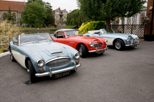 Marlow, England - September 13,2009. Austin Healey 3000 sports cars meeting at a Hotel on the River Thames