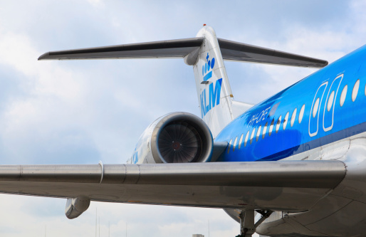 Amsterdam, the Nederlands - April 23, 2012: detail of KLM Royal Dutch Airlines Boeing 747-400 at Schiphol airport. KLM is the flag carrier airline of the Netherlands, it operates worldwide.