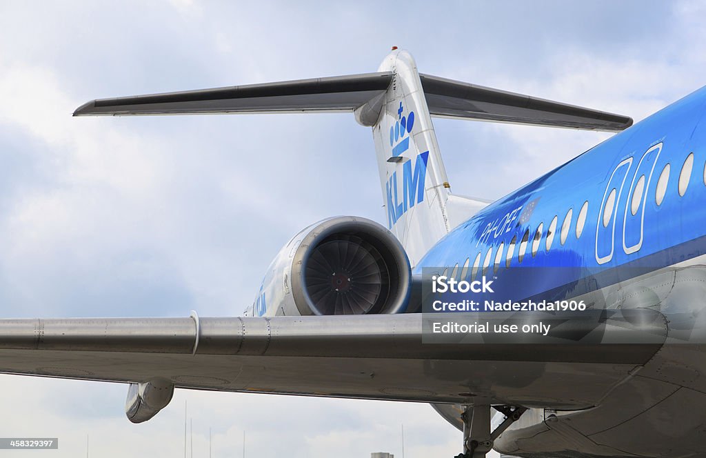 KLM boeing 747 at Shiphol Amsterdam, the Nederlands - April 23, 2012: detail of KLM Royal Dutch Airlines Boeing 747-400 at Schiphol airport. KLM is the flag carrier airline of the Netherlands, it operates worldwide. Air Vehicle Stock Photo
