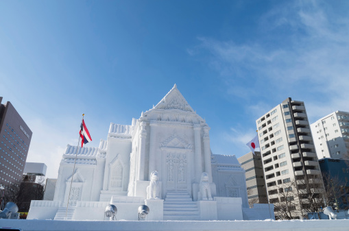 Sapporo, Japan - February 5, 2013 : Snow sculpture of Wat Benchamabophit at Sapporo Snow Festival site on February 5, 2013 in Sapporo, Hokkaido, japan. The Festival is held annually at Sapporo Odori Park.
