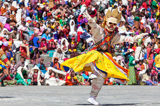Traditional dance at festival in the Timphu Dzong stock photo