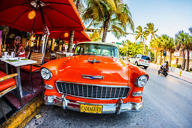 Miami, USA - July 31, 2013: Retro Camaguey Car parked on Ocean Drive in Miami, USA People have lunch in restaurant on foreground.