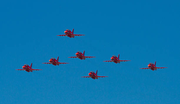 Red Arrows aerobatic team Weston-super-Mare, Somerset, England-July 23, 2012: The Red Arrows RAF Display team appearing at the Grand Pier Airshow stunt airplane airshow air vehicle stock pictures, royalty-free photos & images