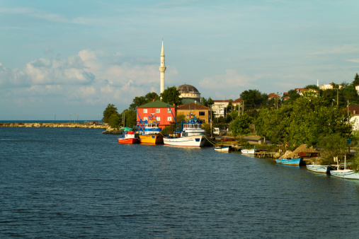 Sakarya, Turkey - July 17, 2013: Boats anchored in delta where is Sakarya river meets the Black Sea. Fishing boats anchored in Sakarya river which indispensable for Black Sea's people.