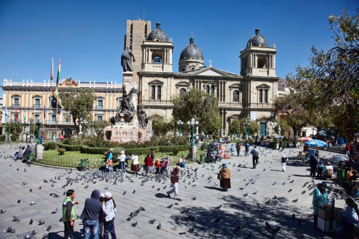 La Paz, Bolivia - May 30, 2013: Bolivian Pigeons and people in the square in Plaza Murillo in La Paz