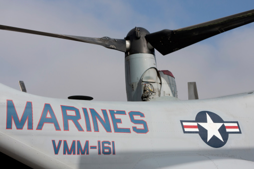 San Diego, United States- September 30, 2011:  This image shows a U.S. Marines Osprey helicopter on display at the Marine Corps Air Station Miramar Airshow. 2011 marks 100 years of naval aviation.