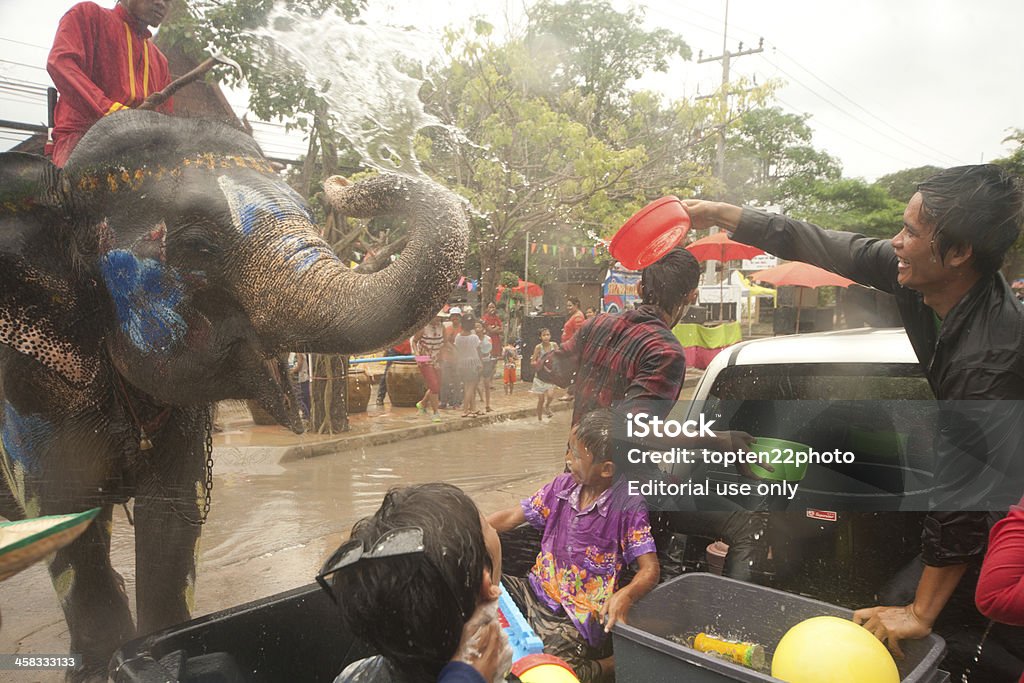 Elefante dança e água respinga em Songkran Festival. - Foto de stock de Adulto royalty-free