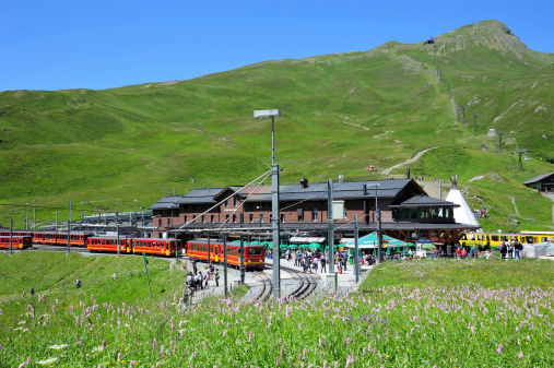 KIleine Scheidegg, Switzerland - July 23, 2012: Lot of tourists were at the kIleine scheidegg train station and waiting for the train to Jungfrau.