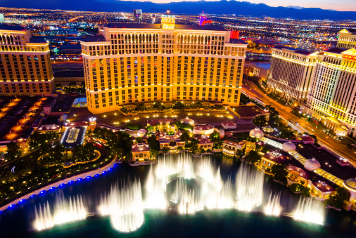 Las Vegas, USA - August 14, 2012: Musical fountains at Bellagio Hotel and Casino. The Bellagio opened October 15, 1998 and it was the most expensive hotel ever built at US$1.6 billion.