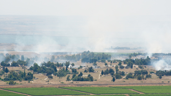 Al Qunaytirah, Syria - June 6, 2013: Artillery fire in Syrian city Al Qunaytirah on Golan Heights