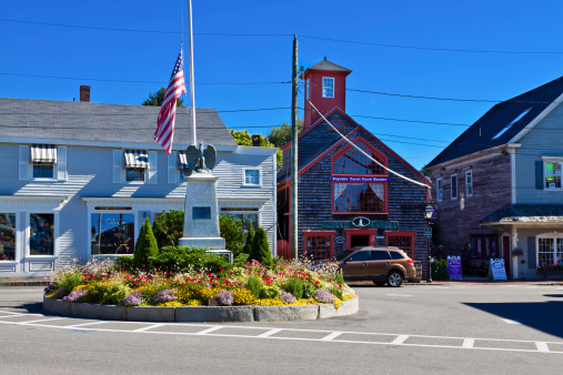 Kennebunkport, ME, USA - September 19, 2013: Dock Square on a beautiful autumn day. Dock Square is the center of Kennebunkport and filled with restaurants, boutiques, and art galleries.