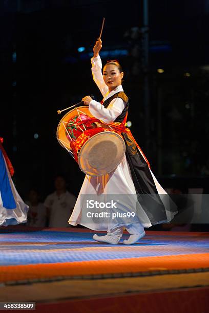 Tradtitional Hanbok Korean Janggu Drums Arm Up Stock Photo - Download Image Now - Hanbok, Performance, Drum - Percussion Instrument