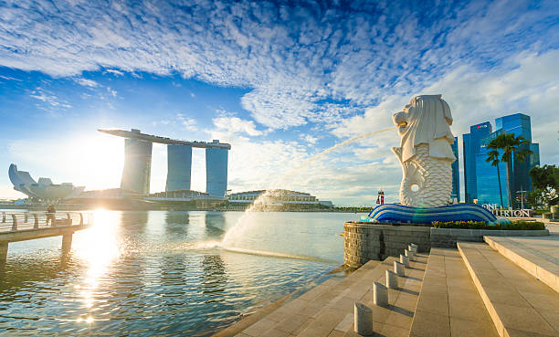 マーライオン公園のパノラマ - marina bay sparse contemporary skyscraper ストックフォトと画像