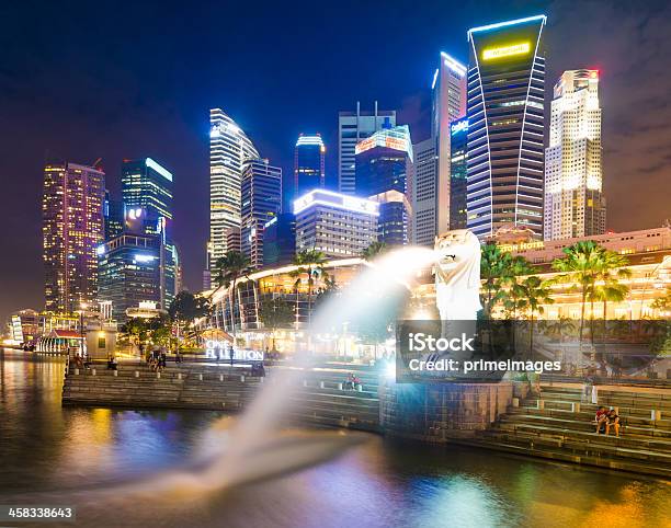 Merlion And Singapore City Skyline At Dusk Stock Photo - Download Image Now - Singapore, Famous Place, Architecture