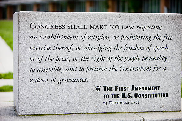 Philadelphia, USA  - May 21, 2012: The First Amendment to the U.S. Constitution, Philadelphia. Quote engraved on a Stone installed in the center of city.
