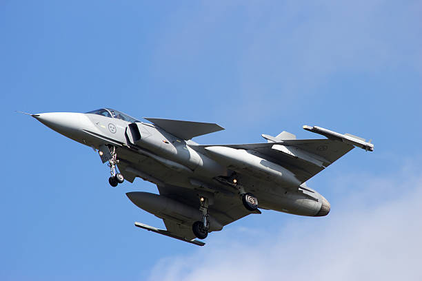 Leeuwarden, The Netherlands - April 20, 2012: Swedish Air Force SAAB J-39 Gripen landing during the NATO exercise Frisian Flag.