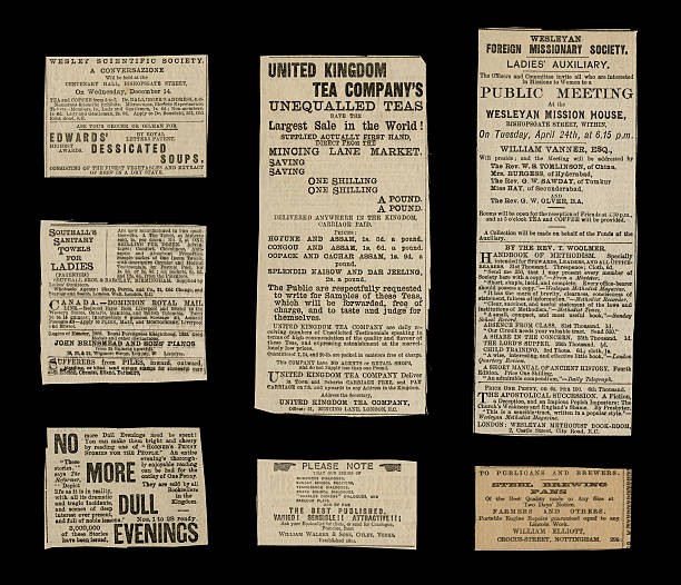 varie piccole vittoriano pubblicità nel 1887 - healthcare and medicine healthy lifestyle finance newspaper foto e immagini stock