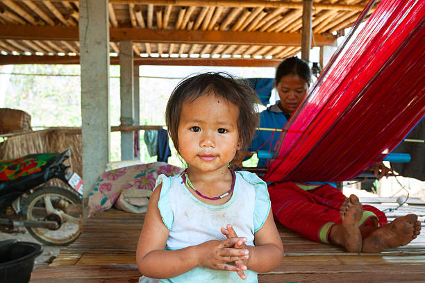 Thung Khao Phuang, Thailand - February, 27th 2013: Daily scene in Pah Long village located on hills and close to jungle in north of Thailand, province of Chiang Mai. In foreground is a little girl. In background is woman working with hand loom. Both are under wooden house.