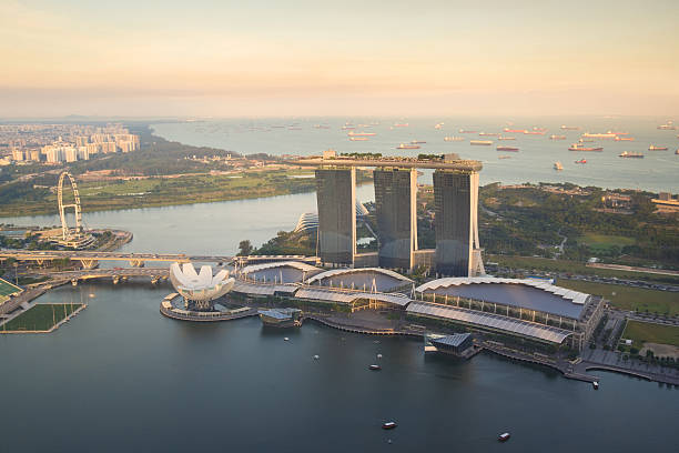 Singapore, Singapore - November 02, 2016: Aerial View Over Singapore to the Marina Bay Sands Hotel at dusk.