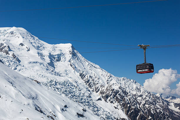 Chamonix, France - June 5, 2013:  The cable car to the summit with people inside. The Téléphérique de l'Aiguille du Midi is the world's highest vertical ascent cable car in the world, from 1,035 m to 3842 m.