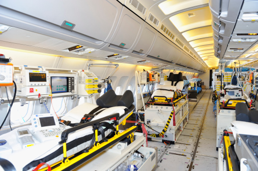 Berlin, Germany - September 13, 2012: Interior of a Luftwaffe Airbus A310-300 MRT MedEvac on display at ILA Berlin Air Show 2012. This variant of the Airbus A310 MRT Multi Role Transport Tanker provides state-of-the-art medical facilities for up to 44 patients. The aircraft is mainly used for medical evacuations out of war zones.