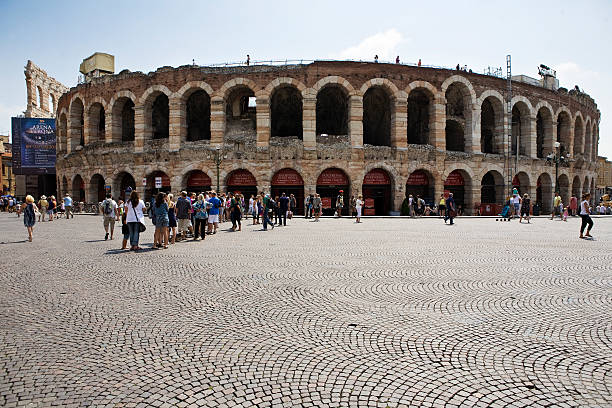 Verona, Italy- July 5, 2011:Arena of Verona, the line of people at the ticket counter, waiting for the evening show tickets.