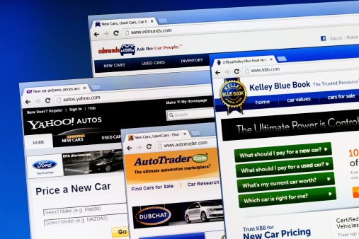 Copenhagen, Denmark - June 21, 2013: The four webpages edmunds.com, kelley blue book, autotrader.com and yahoo autos opened on a computer screen with blue background. The webpages are found on a list of the worlds most popular car webpages.
