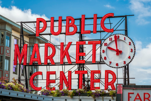 Seattle, USA - Aug 19, 2022: The iconic Pike Place Public Market late in the day.