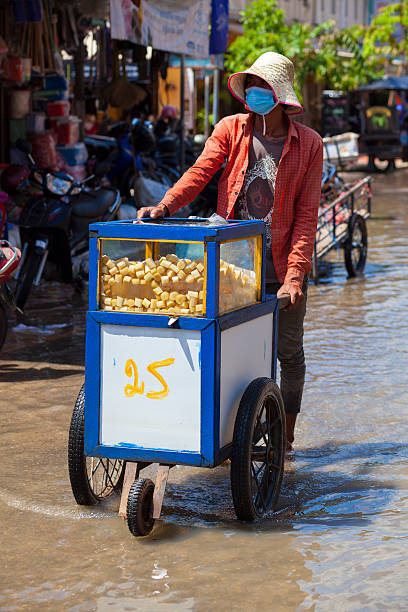 Flooded street stall, Siem Reap, Cambodia Siem Reap, Cambodia - October 18, 2011: Street vendor pushes a street stall while the street beneath her is flooded in central Siem Reap. cambodia food stock pictures, royalty-free photos & images