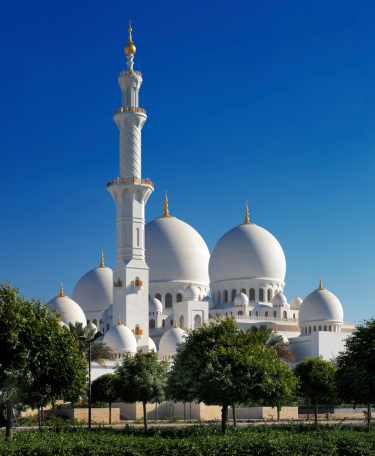 Abu Dhabi, UAE - May 11, 2013: Sheikh Zayed Grand Mosque, Abu Dhabi. The 3rd largest mosque in the world, area is 22,412 square meters and the 4 minarets are 107 m high