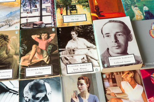 Kendal, UK - September 2, 2013: Close-up of a collection of Vladimir Nabokov's autobiography, novels and short stories in the Penguin Classics and Penguin Twentieth-Century Classics editions, including the titles Speak, Memory (1967) and Lolita (1959).