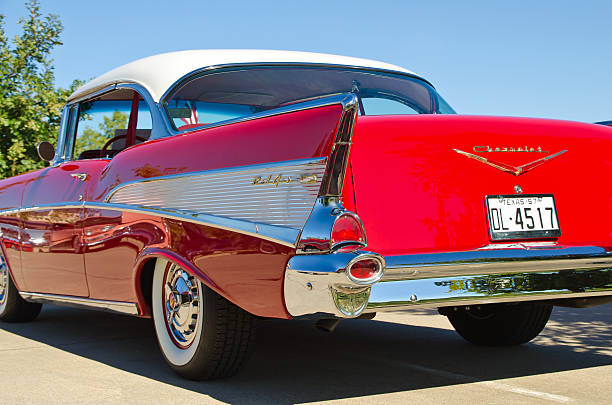 Chevrolet 1957 Bel Air 2dr hardtop Westlake, Texas, USA - October 19, 2013: A 1957 Chevrolet Bel Air 2dr hardtop is on display at the 3rd Annual Westlake Classic Car Show. Rear view. bel air photos stock pictures, royalty-free photos & images