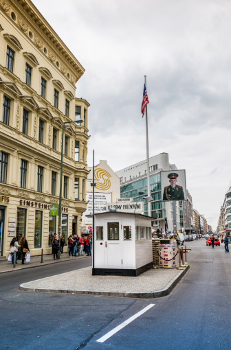 Berlin, Germany - october 7, 2013: Checkpoint Charly The old boarder controlhouse momorial of the American Army in West Berlin over to east Germany \