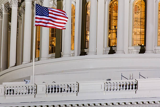 bandiera americana davanti alla united states capitol - inauguration into office washington dc barack obama capitol building foto e immagini stock