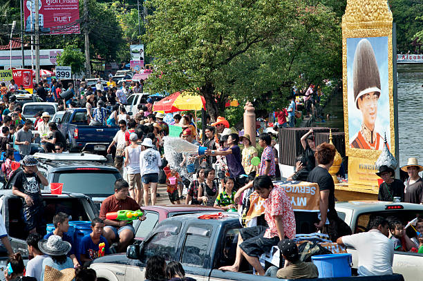 Portrait of His Majesty King Bhumibol Adulyadej At Songkran stock photo