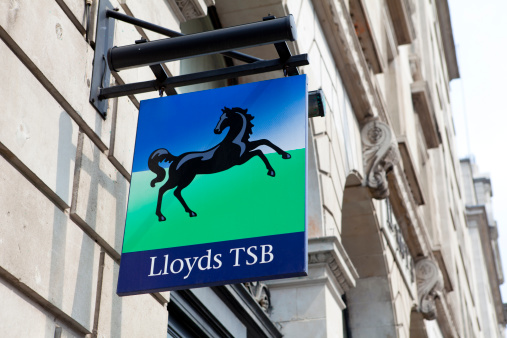 London, United Kingdom - April 29th 2011: Lloyds TSB Bank Plc branch insignia above the entrance to a high street branch in central London. Lloyds TSB is one of the UK banks that required a government bail-out after the 2009 banking crisis, and is now partly owned by HM Government.