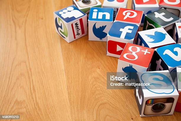 Social Media Cubes On A Wooden Background Stock Photo - Download Image Now - Arrangement, Arranging, Auto Post Production Filter