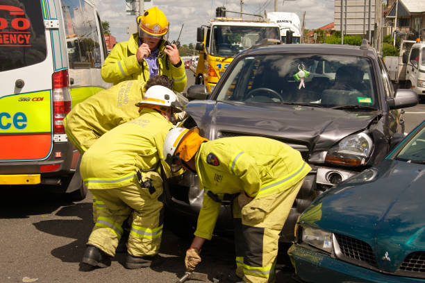 Fire and rescue making a vehicle safe stock photo