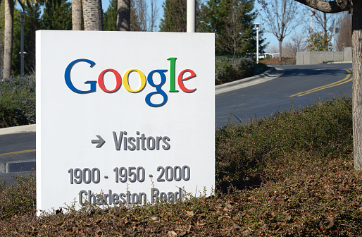 Mountain View, California, USA - February 7, 2011: Google logo sign at GooglePlex (Google headquarters).